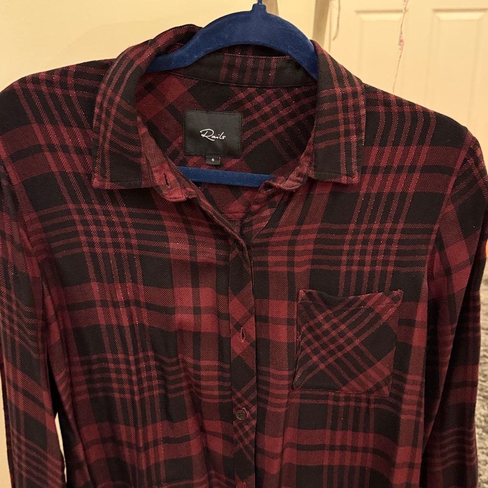 Burgundy/black plaid with sparkle thread mixed in - perfect for the holidays.